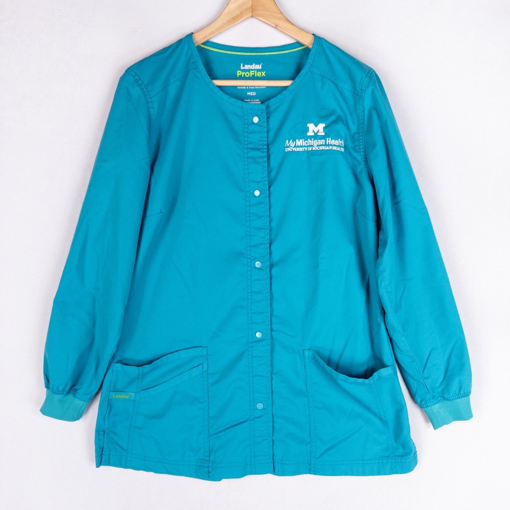 Landau Womens Scrub Jacket Medium Teal U of M Health ProFlex Snap Front 3038